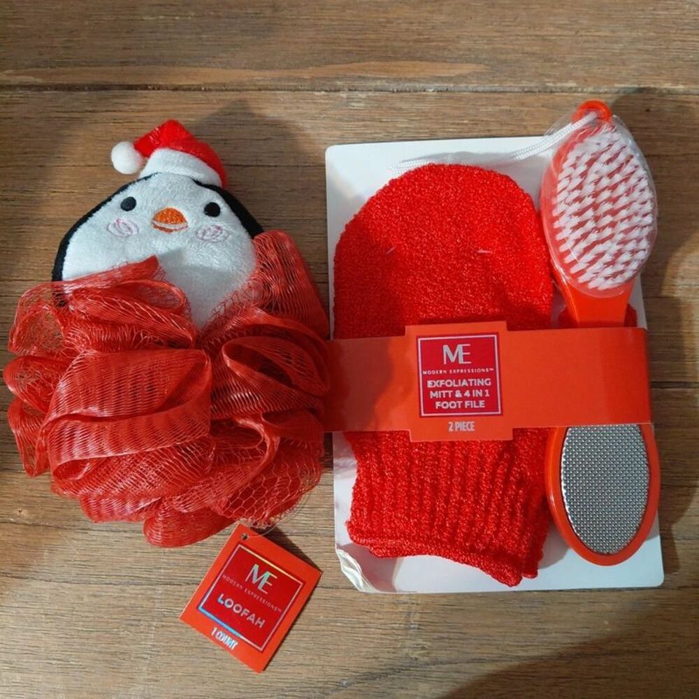 Holiday Penguin Bath Loofah & Modern Expressions Exfoliating Mitt / Foot File Se